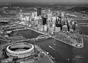 TRS007  Three River Stadium and City Aerial Black and White